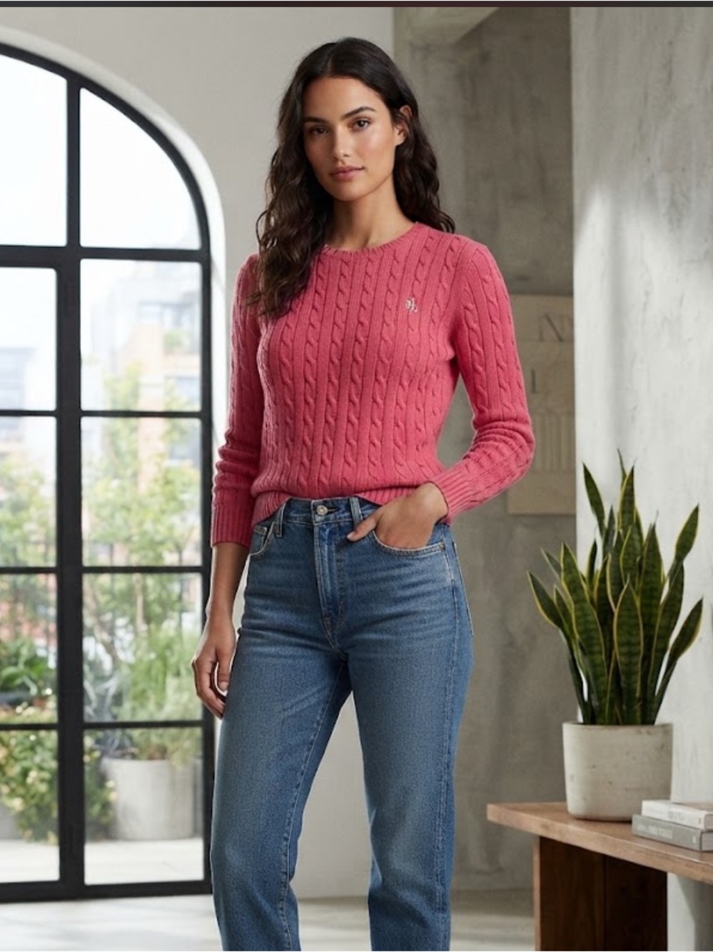 Lauren Ralph Lauren pink Cable Knit Crewneck Sweater size M Vintage